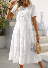 Embroidery White Short Sleeve Round Neck Dress
