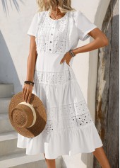 Embroidery White Short Sleeve Round Neck Dress