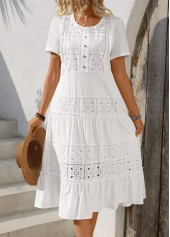 Embroidery White Short Sleeve Round Neck Dress