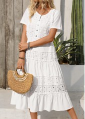 Embroidery White Short Sleeve Round Neck Dress