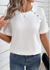 Button Bleaching White Short Sleeve Round Neck Blouse