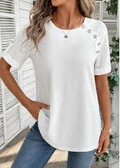 Button Bleaching White Short Sleeve Round Neck Blouse