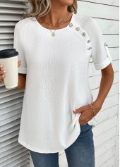 Button Bleaching White Short Sleeve Round Neck Blouse