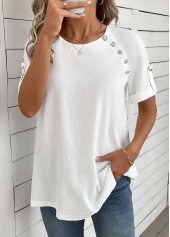 Button Bleaching White Short Sleeve Round Neck Blouse