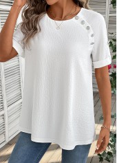 Button Bleaching White Short Sleeve Round Neck Blouse