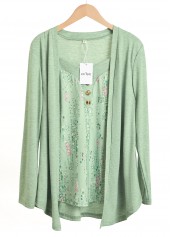 Geometric Print Button Light Green Fake Two Piece Twinset