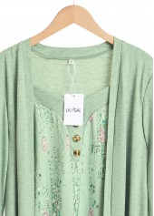 Geometric Print Button Light Green Fake Two Piece Twinset