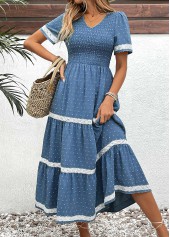 Embroidery Dusty Blue Short Sleeve V Neck Dress