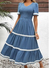 Embroidery Dusty Blue Short Sleeve V Neck Dress