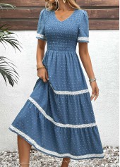 Embroidery Dusty Blue Short Sleeve V Neck Dress