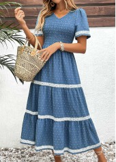 Embroidery Dusty Blue Short Sleeve V Neck Dress