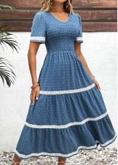 Embroidery Dusty Blue Short Sleeve V Neck Dress