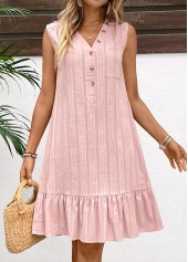 Button Light Pink A Line Sleeveless Dress