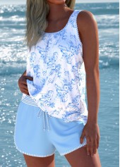 Floral Print Tie Blue Tankini Set