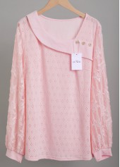 Lace Light Pink Long Sleeve Asymmetrical Neck T Shirt