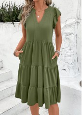 Split Detail Olive Green Short Sleeve Dress