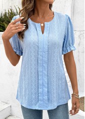 Lace Light Blue Short Sleeve Split Neck Blouse