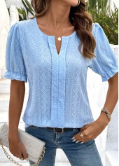 Lace Light Blue Short Sleeve Split Neck Blouse