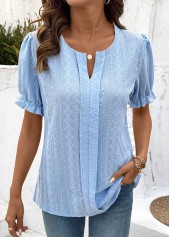 Lace Light Blue Short Sleeve Split Neck Blouse
