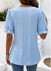 Lace Light Blue Short Sleeve Split Neck Blouse