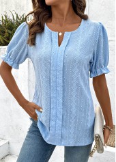 Lace Light Blue Short Sleeve Split Neck Blouse