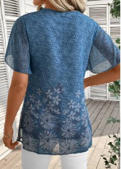 Floral Print Lightweight Dusty Blue Short Sleeve T Shirt