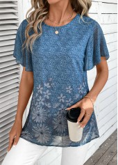 Floral Print Lightweight Dusty Blue Short Sleeve T Shirt