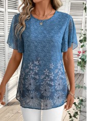 Floral Print Lightweight Dusty Blue Short Sleeve T Shirt
