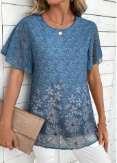 Floral Print Lightweight Dusty Blue Short Sleeve T Shirt