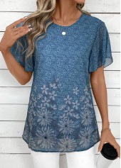 Floral Print Lightweight Dusty Blue Short Sleeve T Shirt