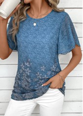 Floral Print Lightweight Dusty Blue Short Sleeve T Shirt