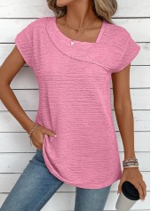 Jacquard Pink Short Sleeve Asymmetrical Neck T Shirt