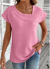 Jacquard Pink Short Sleeve Asymmetrical Neck T Shirt