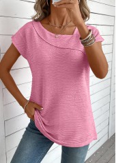 Jacquard Pink Short Sleeve Asymmetrical Neck T Shirt