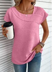 Jacquard Pink Short Sleeve Asymmetrical Neck T Shirt