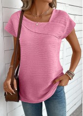 Jacquard Pink Short Sleeve Asymmetrical Neck T Shirt