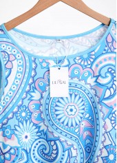 Paisley Print Drawstring Light Blue Short Sleeveless Dress