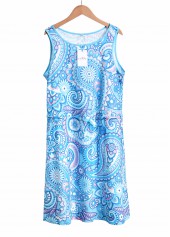 Paisley Print Drawstring Light Blue Short Sleeveless Dress