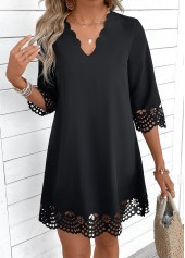 Black A Line 3/4 Sleeve V Neck Dress