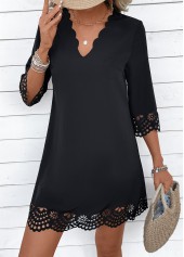 Black A Line 3/4 Sleeve V Neck Dress