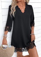 Black A Line 3/4 Sleeve V Neck Dress