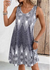 Tribal Print Grey A Line Sleeveless Scoop Neck Dress