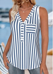 Striped Button Dusty Blue Sleeveless V Neck Tank Top
