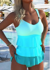 V Neck Patchwork Cyan Tankini Set
