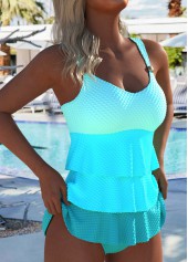 V Neck Patchwork Cyan Tankini Set