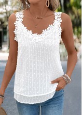 Embroidery White Sleeveless V Neck Tank Top