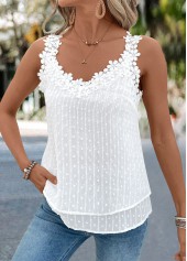 Embroidery White Sleeveless V Neck Tank Top