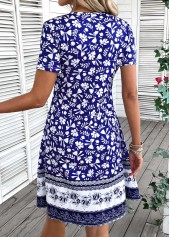 Tribal Print Patchwork Blue A Line Short Sleeve Dress