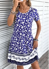 Tribal Print Patchwork Blue A Line Short Sleeve Dress