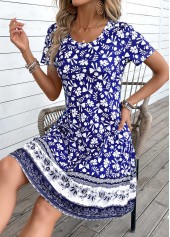 Tribal Print Patchwork Blue A Line Short Sleeve Dress